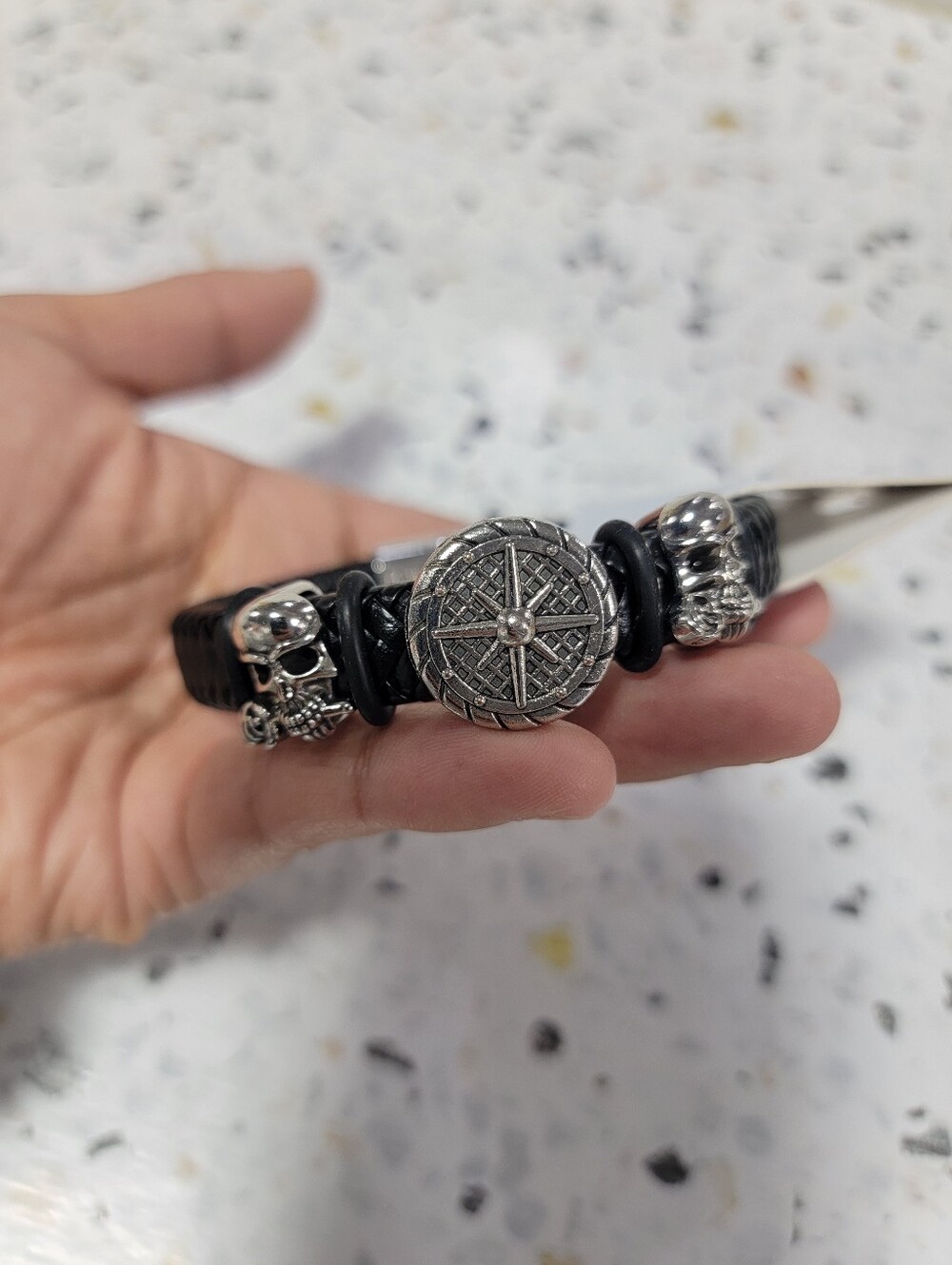 Black Leather Men's Beaded Skull Bracelet with Compass Medallion